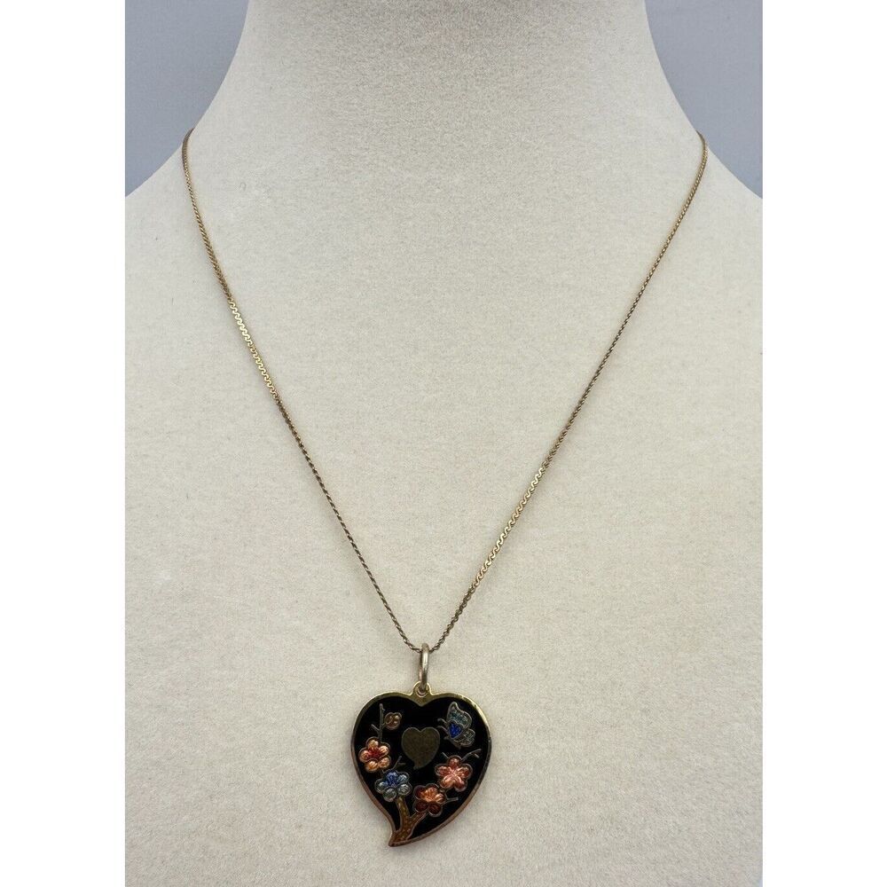 Vintage Goldtone‎ Cloisonne Enamel Floral Butterfly Heart Pendant Necklace 16” - Picture 5 of 8